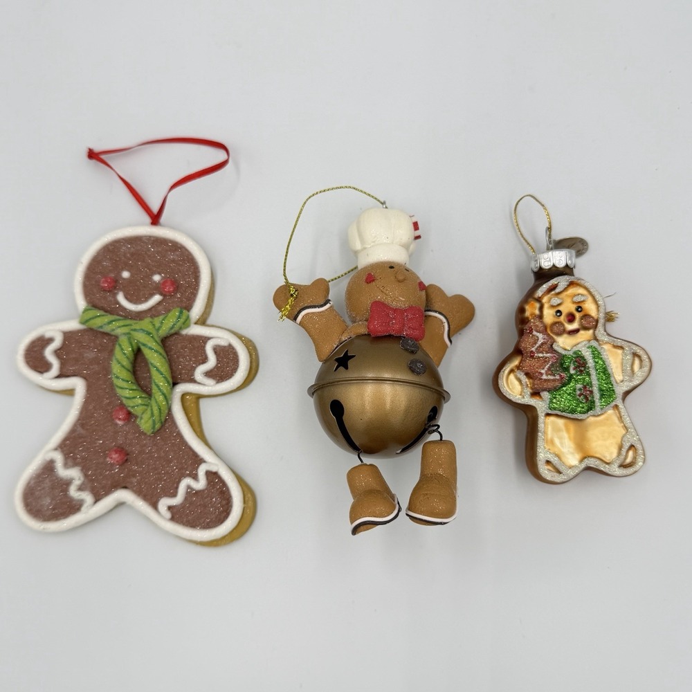 Gingerbread Man Ornaments Set of 3 - Resin Glass Bell Themed Christmas Tree‎